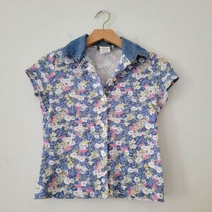 Vintage Bonjour Floral Knit Top Denim Collar 90s Small Blue